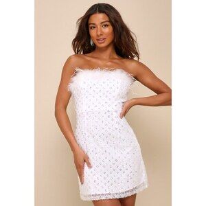 Lulus Sparkly Aura White Textured Sequin Feather Mini Dress - Size XL